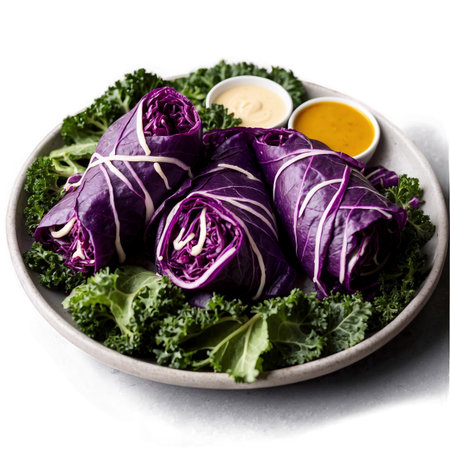 A visually appealing plate of red cabbage rolls, drizzled with a light sauce, accompanied by two dipping sauces and fresh, curly kale, presented against a bright background.の素材