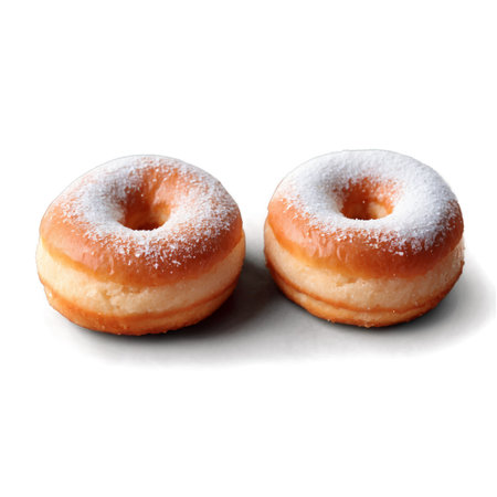 This image showcases two mouthwatering donuts, generously dusted with powdered sugar. They are set against a pristine white backdrop, highlighting their simple elegance.の素材