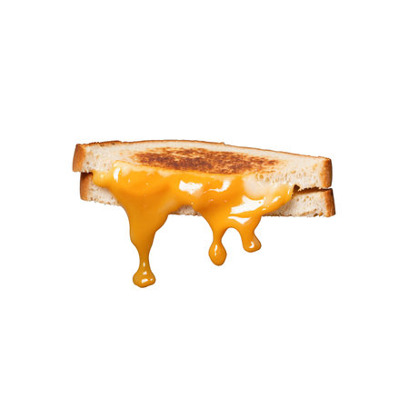 A closeup shot of a classic grilled cheese sandwich, featuring goldenbrown toasted bread and cheese melting and dripping down. It is isolated against a clean, white background.の素材