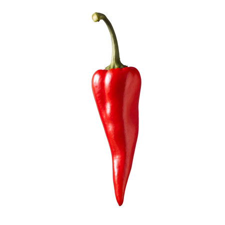 A vibrant, single red chili pepper isolated on a clean white background. The pepper showcases a smooth, glossy skin and features a delicate green stem.の素材