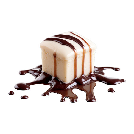 A visually appealing image showing a delicious creamy dessert cube adorned with rich chocolate sauce, creating an enticing treat, ideal for culinary and sweet treat lovers.の素材