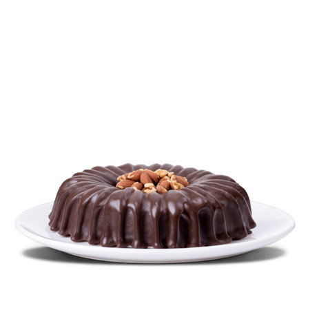 A mouthwatering chocolate bundt cake is elegantly displayed on a pristine white plate, adorned with a generous topping of almonds, creating a delectable dessert.の素材