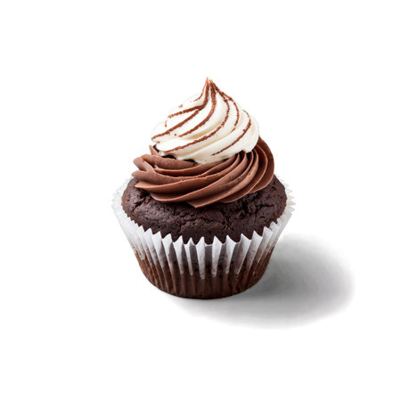 A delectable chocolate cupcake adorned with swirls of rich, dark chocolate and creamy white frosting. Perfect for birthdays, parties, or a sweet indulgence.の素材