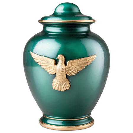 This urn features a serene emerald green finish, accented by a golden dove, a timeless symbol of peace and remembrance. It is perfect for memorializing loved ones.の素材