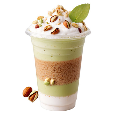 Closeup of a layered matcha smoothie in a clear plastic cup topped with whipped cream, almonds, and a green leaf, on a white background. Perfect for food blogs.の素材