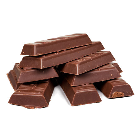 Closeup shot of milk chocolate bars, stacked in a pyramidlike structure on a white background. The image captures the richness and appeal of the chocolate treat.の素材
