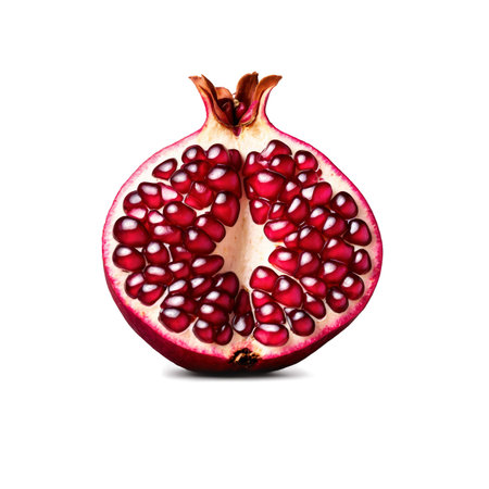 A vibrant crosssection of a pomegranate, revealing its juicy seeds. The closeup view highlights the fruits texture and rich color against a white background.の素材