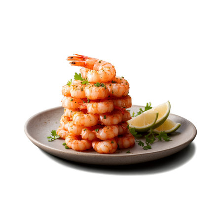 A visually appealing stack of cooked shrimp is presented with lime wedges and parsley. This dish is plated on a rustic dish. Ready to be enjoyed as an appetizer or a main course.の素材