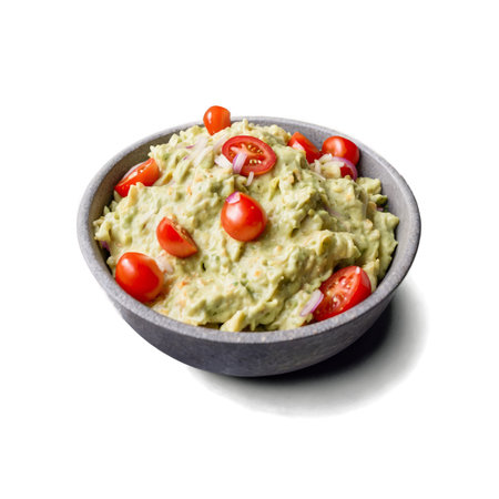 A closeup shot of creamy guacamole in a gray bowl, topped with fresh cherry tomatoes and slivers of red onion. Appetizing and healthy dip.の素材