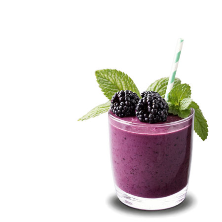 A glass of creamy blackberry smoothie garnished with fresh mint leaves and blackberries, with a green and white striped paper straw. Its a delicious and nutritious treat.の素材