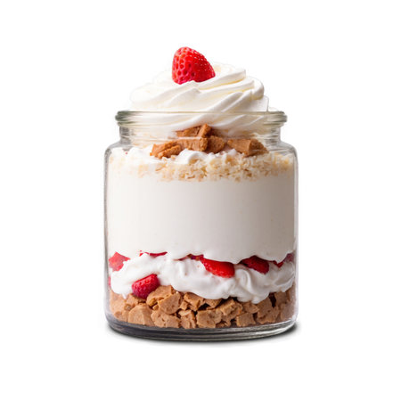 A layered strawberry parfait dessert in a jar, featuring strawberries, whipped cream, and crunchy pieces, perfect for food photography and recipe illustrations.の素材