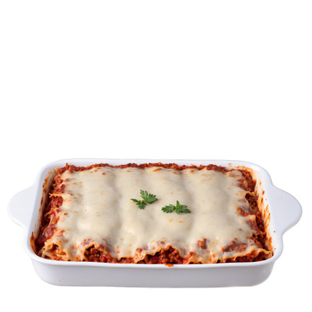 Closeup shot of a freshly baked lasagna in a white baking dish, garnished with sprigs of parsley. The lasagna showcases its layers of pasta, meat sauce, and melted cheese.の素材