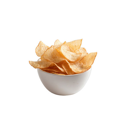 An image of a white bowl brimming with crispy, golden tortilla chips, ready to be enjoyed. Perfect for snack, appetizer, or dip pairing, this image is sure to please.の素材