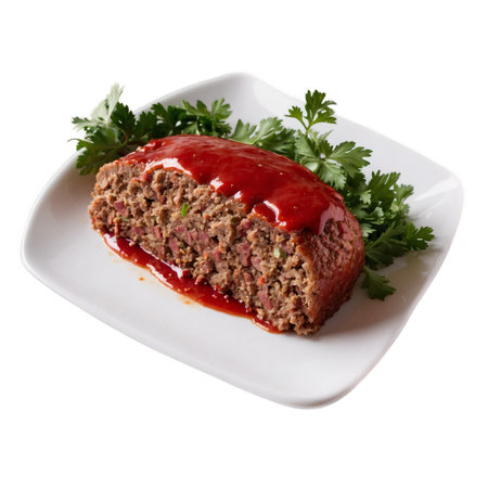 A hearty slice of freshly baked meatloaf, topped with a tangy ketchup glaze and garnished with sprigs of fresh parsley on a white plate, inviting and flavorful.の素材