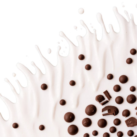 A delectable image showcasing chocolate drops nestled within a creamy milk splash. Its perfect for recipes, desserts, and confectionery projects, showing the elegance of sweet treats.の素材