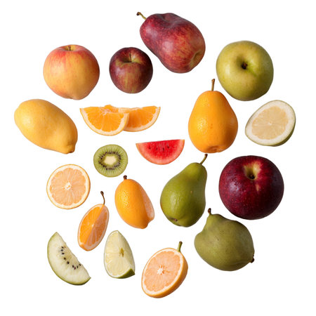 This image showcases a variety of fresh, vibrant fruits arranged in a circle, perfect for illustrating healthy eating and natural sweetness. It features apples, pears, citrus, and kiwi.の素材