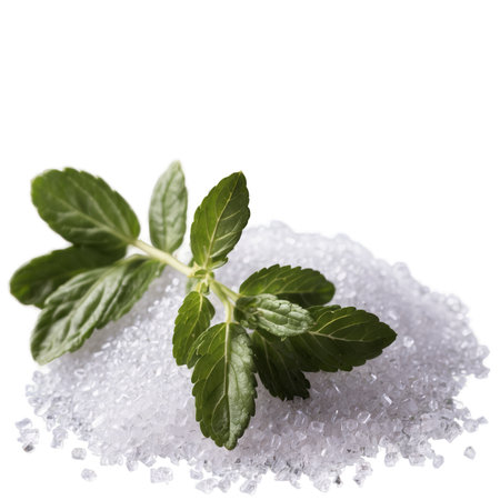 A fresh, green mint sprig lays atop a pile of sparkling white sugar crystals, isolated against a white background. The contrast highlights the refreshing nature of mint.の素材