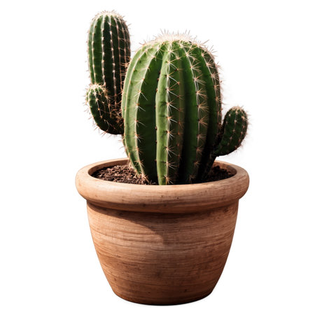 A closeup shot of a green cactus plant with sharp spines, growing in a terracotta pot. The image showcases the textures and patterns of the plant and pot.の素材