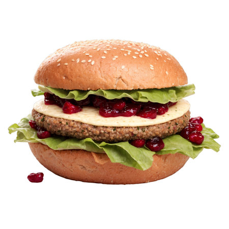 A closeup shot showing a delicious vegetarian burger filled with cheese, lettuce and cranberry sauce. Isolated against a white background.の素材