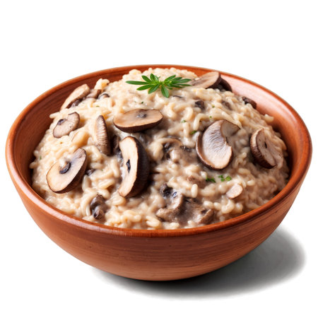 Indulge in the creamy and savory flavors of mushroom risotto, beautifully presented in a rustic wooden bowl. Perfect for a cozy dinner or elegant appetizer.の素材