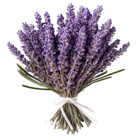A closeup shot of a charming bouquet of fresh lavender, secured with a delicate white ribbon. The purple blossoms create a visually appealing and calming image.の素材