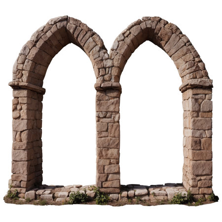 This image shows a weathered stone archway. The structure exhibits an aged texture. Natural light highlights the stones. It is a historic architectural fragment.の素材