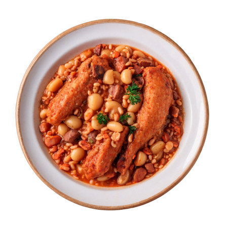 A topdown shot showcases a delectable cassoulet, a rich French stew featuring white beans, sausage, duck confit, and aromatic herbs, plated on a rustic ceramic bowl.の素材