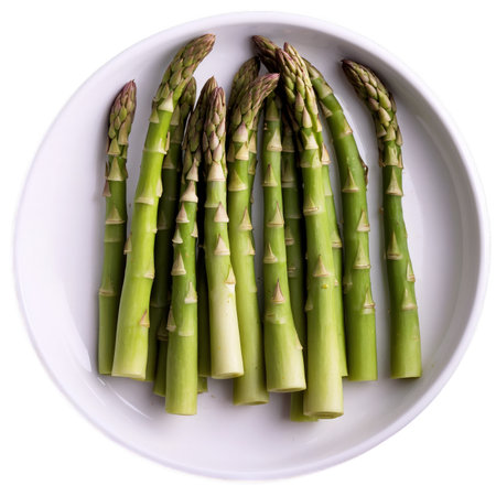 A topdown shot of vibrant green asparagus, neatly arranged in a white ceramic bowl, showing off their freshness and texture for culinary use.の素材