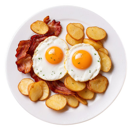 Topdown view of a plate with two fried eggs, crispy bacon strips, and golden roasted potato slices. Perfect for breakfast, brunch, or a savory meal.の素材