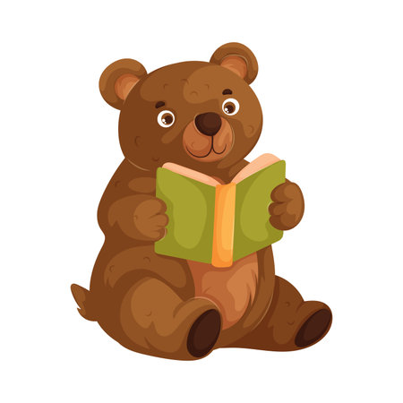 Cartoon Bear Reading Adorable Illustration of a Brown Bear with a Green Book.のイラスト素材