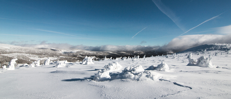 White beautiful winter landscape with mountains, blue sky and trees covered with fresh snow.の写真素材