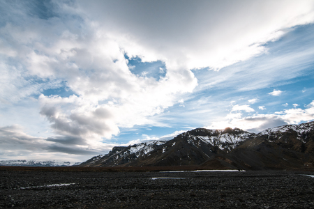Dramatic nature with snowy mountains in Iceland.の写真素材