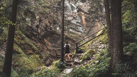 A horizontal shot of a woman standing in front of waterfalls hidden in slovenian forestの写真素材