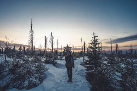 Woman walking on the path towards top of the Sumava's National Park mountains. Czech republicの写真素材
