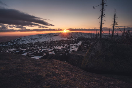 Beautiful sunset on Plechy (Sumava), cloudy sky. Czech republicの写真素材