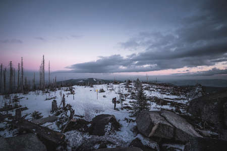 Winter landscape on Sumava, after sunset beautifully painted landscape in colorful shades, Sumava...