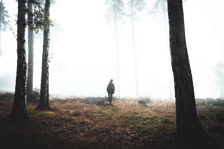 A woman stands in a wet and foggy forest. Czech Republic, Bohemian Switzerlandの写真素材