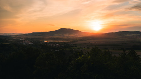 Sunset landscape over the mountain Czech Republic, Europe, Ustekの写真素材