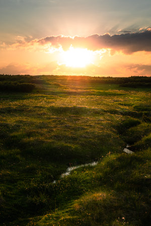 Scenic view of beautiful sunset or sunrise above the swamps, grass and little stream in Krkonose, Czech republicの写真素材