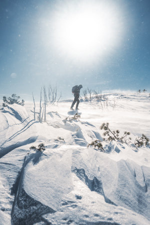 A lone hiker in the cold winter walks on the mountain, on sunny day, clear blue sky, strong wind, Czech republic, Giant Mountainsの写真素材
