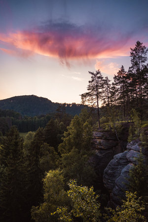 Landscape with purple clouds and forest in foreground, Hrensko, Czech Republicの写真素材