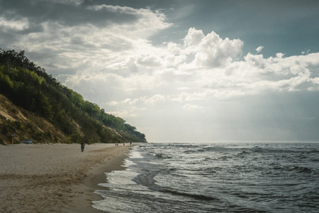 A serene beach scene unfolds on a cloudy day, creating a peaceful atmosphereの写真素材