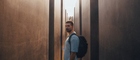 A man with a large backpack is standing in a long, narrow hallwayの写真素材
