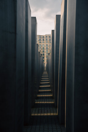 A straight line of sturdy concrete columns leading up to a large building entrance, creating a visually striking architectural pathwayの写真素材