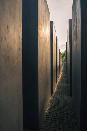 A straight line of sturdy concrete columns leading up to a large entrance, creating a visually striking architectural pathwayの写真素材