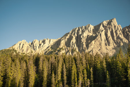 A tall mountain, richly covered in vibrant green trees, stands majestically against a bright blue sky that stretches endlessly behind itの写真素材