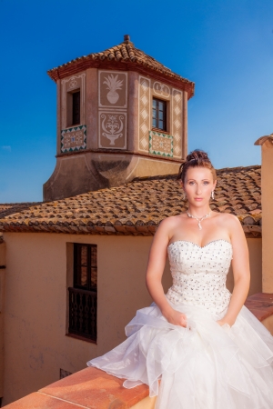 bride near chapel in high fashion sceneryの写真素材