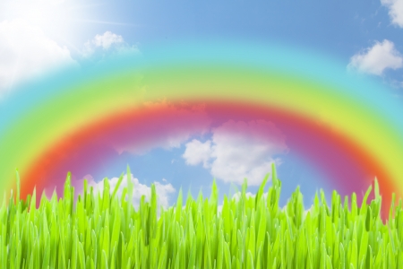 painting of rainbow with green grass の写真素材