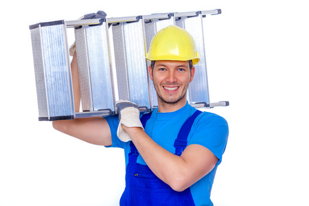 man worker with ladder on armの写真素材