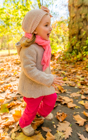 little cute girl in autumn fallの写真素材